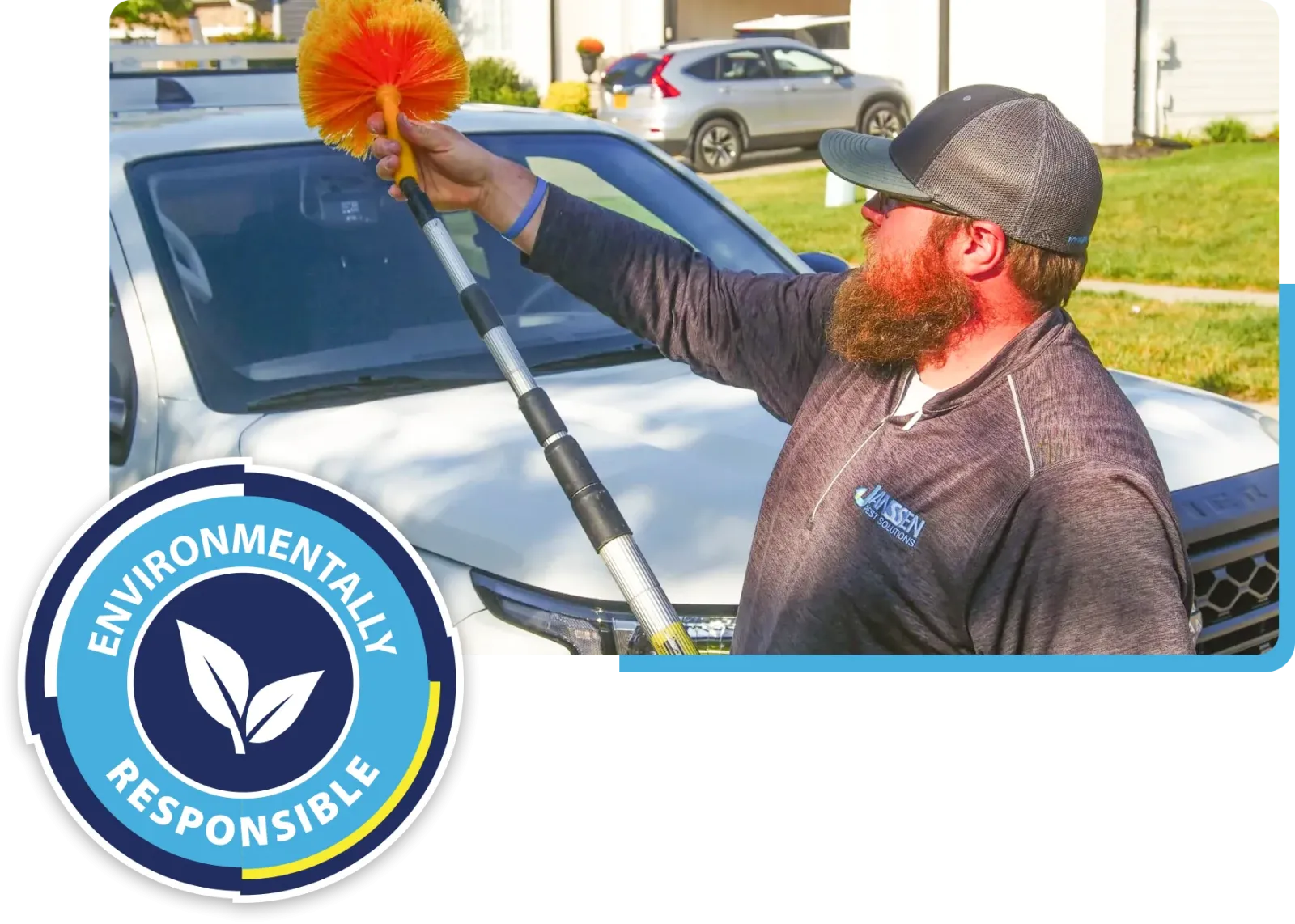 Environmentally Responsible Wasp Control, technician preparing to sweep house