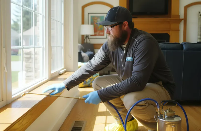 technician spraying in living room