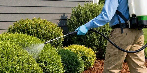 mosquito control, technician spraying shrubs outside house