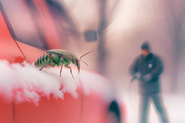 an insect on a red car with Janssen Pest Control in the distance.