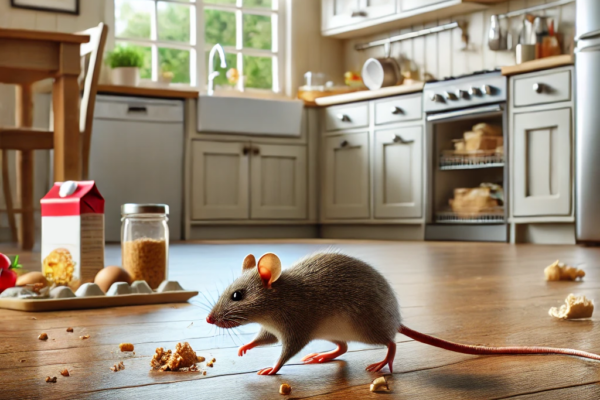 A small mouse is on a kitchen floor, surrounded by scattered crumbs. The kitchen features wooden cabinets, a window with a view of greenery, and various items like a milk carton and eggs on the floor, hinting at recent activity.