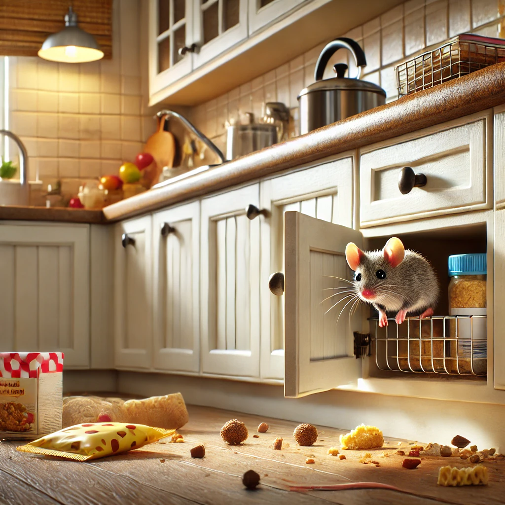 A curious mouse peeks out from a kitchen cupboard filled with jars. The kitchen is warmly lit and tidy, with various foods scattered on the wooden floor, including pasta and bread. A teapot sits on the stovetop in the background.