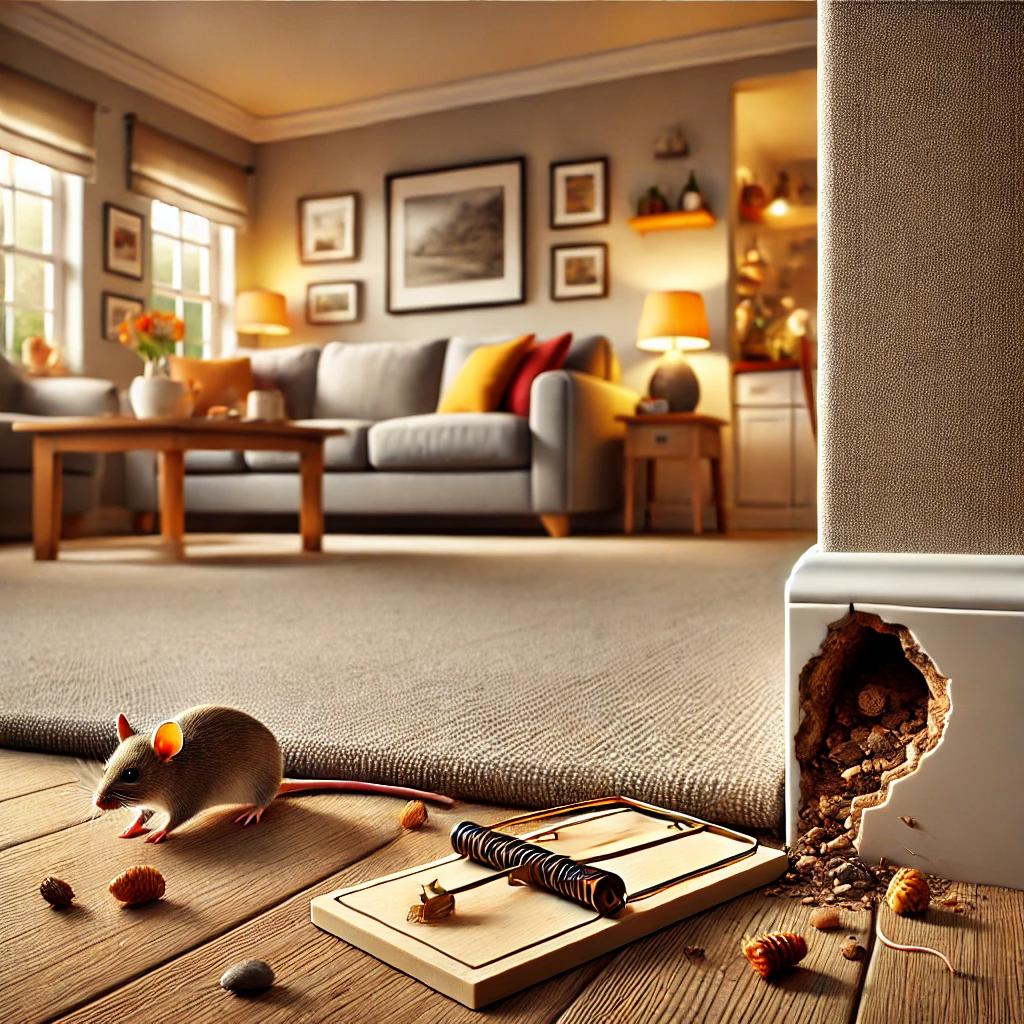 A mouse near a hole in the living room wall examines scattered acorns on the carpet. A set mousetrap is close by. The room features a cozy couch, warm lighting, and wall decor. The scene is serene yet tense.