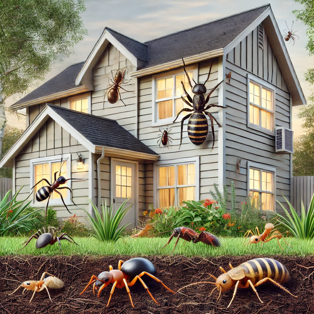 A two-story house is surrounded by giant insects, including ants, spiders, and beetles. Some are on the house, while others are crawling in the soil in front of it. The scene is a surreal depiction of insects in an urban environment.