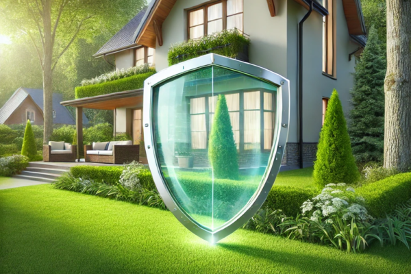 A modern house with a well-maintained garden is depicted, featuring a large, translucent shield symbol in front. The scene is bathed in sunlight, highlighting the lush greenery and creating a serene atmosphere.